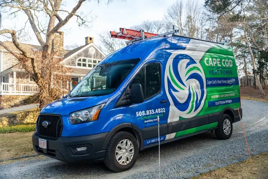 Cape Heating AC & Electric van outside of residential home on Cape Cod, MA.
