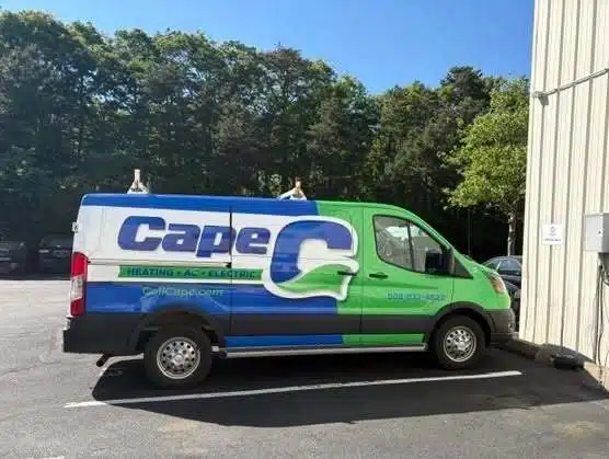 Cape Heating AC & Electric service van parked in Cape Cod, MA